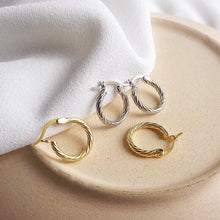 Load image into Gallery viewer, Twist huggie hoops, mini gold hoops, small hoop earrings, spiral hoops, twist rope hoops, boho hoops, mini bold hoops, wreath hoops, 925