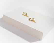 Load image into Gallery viewer, Dainty gold spike hoop, huggie dagger earring, triangle charm, pointy pyramid, boho style, small gold stacking earring, mini gold hoops, 925