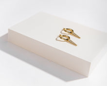 Load image into Gallery viewer, CZ pointy hoop, gold spike charm, dainty huggie earring, dangling cubic zirconia, gold dagger earring, sharp triangle, pointy pyramid, 925