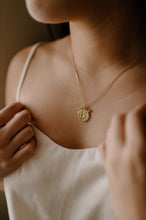 Load image into Gallery viewer, HARPER - Ancient medallion coin necklace, gold circle pendant vintage roman arc coin hinged organic molten necklace stacking stack 925