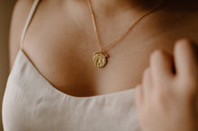 Load image into Gallery viewer, Roman arc coin, ancient medallion, gold coin necklace, hammered coin, vintage coin, hinged pendant, molten gold, organic shape, boho, 925