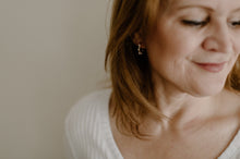 Load image into Gallery viewer, Orb pearl hoop earrings, molten organic gold hoops, mini huggie hoops, dainty pearl hoops, sunshine, wedding bridal pearl, vintage earring