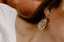 Load image into Gallery viewer, Mini pearl dangle earrings, statement pearl earring, lightweight, drop chain, boho style, wedding pearls, genuine shell pearls, minimalist