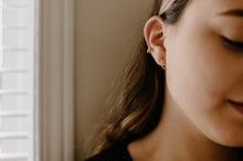 Load image into Gallery viewer, Twist rope huggie hoop, dainty gold hoops, spiral hoops, classic mini hoops, vintage style hoops, wreath hoops, twist hoops, lightweight