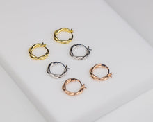 Load image into Gallery viewer, Spiral twist hoops, dainty gold hoops, interwoven, twist rope, wreath, entwine hoop earrings, rose gold, gold, silver, weave, woven, 925