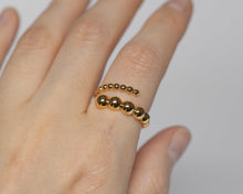 Load image into Gallery viewer, Chunky graduated bead ring, gold beaded ring, statement ring, spiral twist, bubble ring, bold, open ring, adjustable, thick, wrap US 4, 6, 8