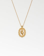 Load image into Gallery viewer, Oval rose necklace, flower coin necklace, oval flower pendant, suspended, dangling, tulip necklace, oval pendant, scalloped edge, floral