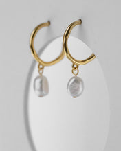 Load image into Gallery viewer, Pearl dangle hoops, dangling baroque pearl earrings, genuine pearls, c hoops, vintage gold hoops, bridal, wedding, bridesmaid, 925 silver