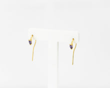 Load image into Gallery viewer, CZ drop wire earring, amethyst huggie hoop, drop hoop earring, unique dainty earring, pear cut cz, dainty gold earring, February birthstone