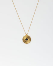 Load image into Gallery viewer, Vintage sunbeam necklace, large sunburst, gold coin pendant, cz sapphire, ancient medallion, statement, sunshine, eternal spiral boho circle