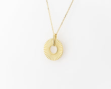 Load image into Gallery viewer, Spinning beam necklace, ribbed, radial, dial, wheel, circle pendant, sunburst, sunbeam, large coin pendant, boho, sun, sunshine, fidget, 925
