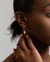 Load image into Gallery viewer, Pearl dangle hoops, dangling baroque pearl earrings, genuine pearls, c hoops, vintage gold hoops, bridal, wedding, bridesmaid, 925 silver