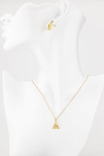 Load image into Gallery viewer, Layered triangle cz set, triangle cz pendant, triangle dangle earrings, tiny cz, layered, geometric necklace, minimalist cz jewelry set, 925