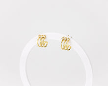 Load image into Gallery viewer, Layered cz mini hoop, 3 layer, 3 cz, huggie hoop earrings, dainty, stacked, small, gold hoop earring, tiny cz, boho hoops, bridal gift, 925