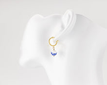 Load image into Gallery viewer, Porcelain flower mini hoops, ceramic floral, bead pendant, 925 twist hoop, drop earrings, gold filled, blue flower, china, vintage, 14KGF