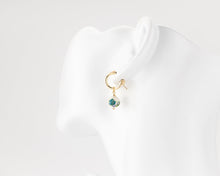 Load image into Gallery viewer, Small porcelain flower hoops, 14K gold filled hoops, ceramic floral, bead pendant, drop, dangle earrings, blue, green flower, vintage, 14KGF