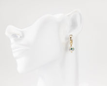 Load image into Gallery viewer, Small porcelain flower hoops, 14K gold filled hoops, ceramic floral, bead pendant, drop, dangle earrings, blue, green flower, vintage, 14KGF