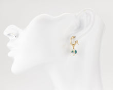 Load image into Gallery viewer, Small porcelain flower hoops, 14K gold filled hoops, ceramic floral, bead pendant, drop, dangle earrings, blue, green flower, vintage, 14KGF