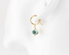 Load image into Gallery viewer, Small porcelain flower hoops, 14K gold filled hoops, ceramic floral, bead pendant, drop, dangle earrings, blue, green flower, vintage, 14KGF