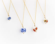 Load image into Gallery viewer, 45cm chain, porcelain flower necklace, 14K gold filled, ceramic floral bead pendant, red, blue flower, china, vintage, handcrafted, 14KGF