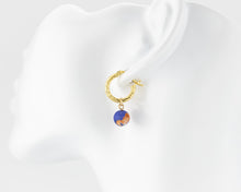 Load image into Gallery viewer, Dragon vein fire agate hoops, natural agate stone, 925 twist hoop, dangle, drop earrings, gold filled, orange, blue agate, unique earrings