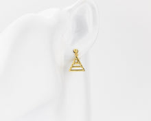 Load image into Gallery viewer, Triangle cz earrings, triangle drop, dangle earrings, tiny cz, layered, geometric pendant, minimalist cz earrings, 925
