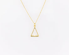 Load image into Gallery viewer, Triangle pearl necklace, dainty pearl pendant, triangular frame, tiny, small, white shell pearl, geometric, minimalist, bridal necklace, 925