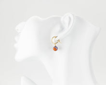 Load image into Gallery viewer, Dragon vein fire agate hoops, 14K gold filled hoops, natural agate bead, drop, dangle earrings, blue, orange, 14KGF earrings