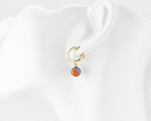 Load image into Gallery viewer, Dragon vein fire agate hoops, 14K gold filled hoops, natural agate bead, drop, dangle earrings, blue, orange, 14KGF earrings