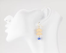 Load image into Gallery viewer, Porcelain flower dangle earrings, 14K gold filled, geometric, ceramic floral, bead pendant, drop earrings, blue, green flower, vintage,14KGF