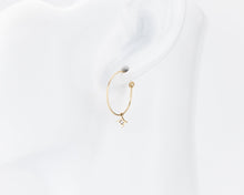 Load image into Gallery viewer, Dainty star cz wire hoops, 14K gold filled, gold wire earrings, north star, tiny clear cz, dangle hoops, boho, minimalist hoops, 14kgf