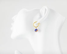 Load image into Gallery viewer, Dragon vein fire agate hoops, natural agate stone, 925 twist hoop, dangle, drop earrings, gold filled, orange, blue agate, unique earrings