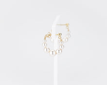 Load image into Gallery viewer, Graduated pearl hoops, 14K gold filled, crescent dome hoops, vintage style, white pearl earrings, pearl chain earrings, bride, bridal, 14KGF