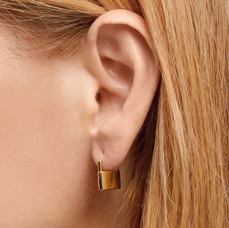 LOCK (V2) -  Dainty gold vermeil huggie hoop lock earrings 18k gold filled padlock charm mini hoop earrings minimalist stacking hoops gift