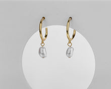 Load image into Gallery viewer, Pearl dangle hoops, dangling baroque pearl earrings, genuine pearls, c hoops, vintage gold hoops, bridal, wedding, bridesmaid, 925 silver
