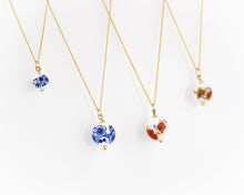 Load image into Gallery viewer, 40cm chain, porcelain flower necklace, 14K gold filled, ceramic floral bead pendant, red, blue flower, china, vintage, handcrafted, 14KGF
