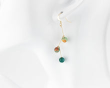 Load image into Gallery viewer, Dragon vein fire agate earrings, 14k gold filled, natural agate stone, dangle, drop earrings, orange, green, yellow, blue agate, 14KGF
